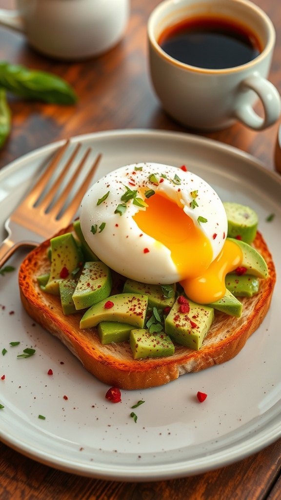 Avocado toast with poached egg, garnished with herbs and red pepper flakes on a rustic table.